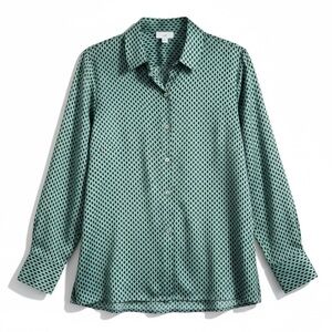 NWT J. Jill Geometric Button Front Blouse Long Sleeve Soft Drape Work Green S